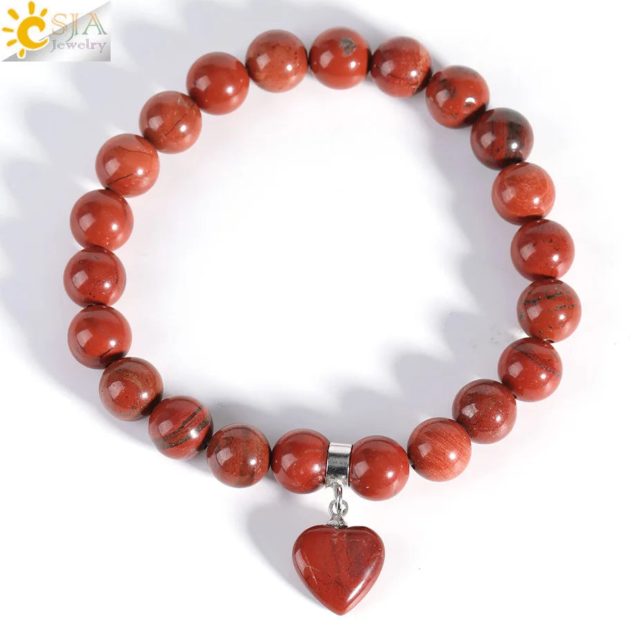 Natural Stone Beads Bracelet for Women Heart Charm Amethysts Crystal Quartzs Tiger Eye Elastic Bangles Reiki Jewelry Gift H543