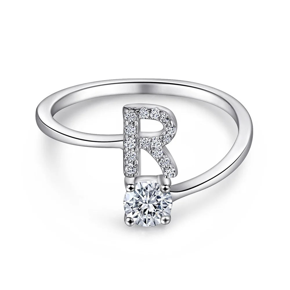 925 Sterling Silver Initial Rings for Women Girls, Adjustable Initial Rings Cubic Zirconia Stackable Alphabet Letter Rings Gift