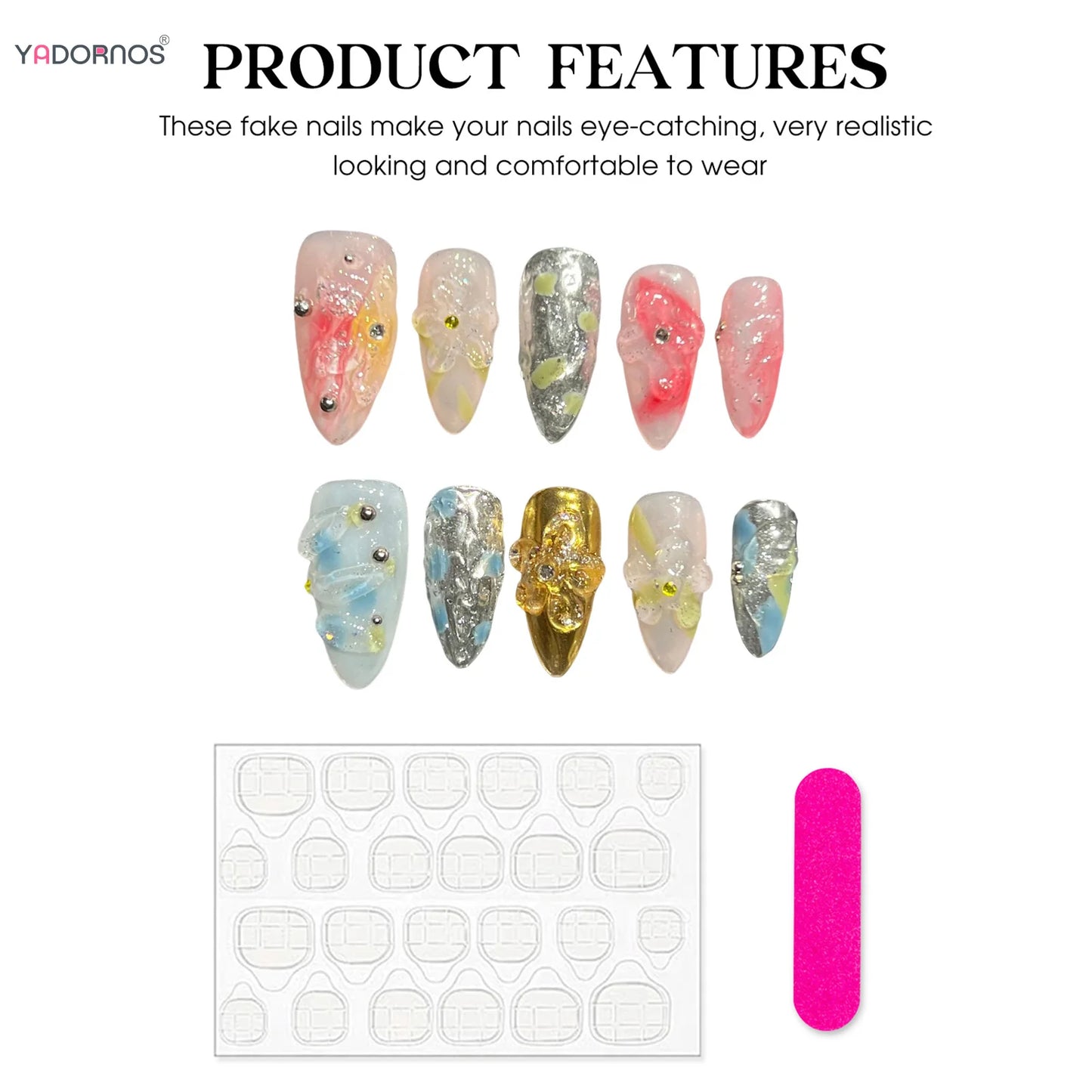 Handmade Press On Nails Light Pink Blue False Nail Tips With 3D Flower Designs Wearable Almond French Style Summer Fake Nails