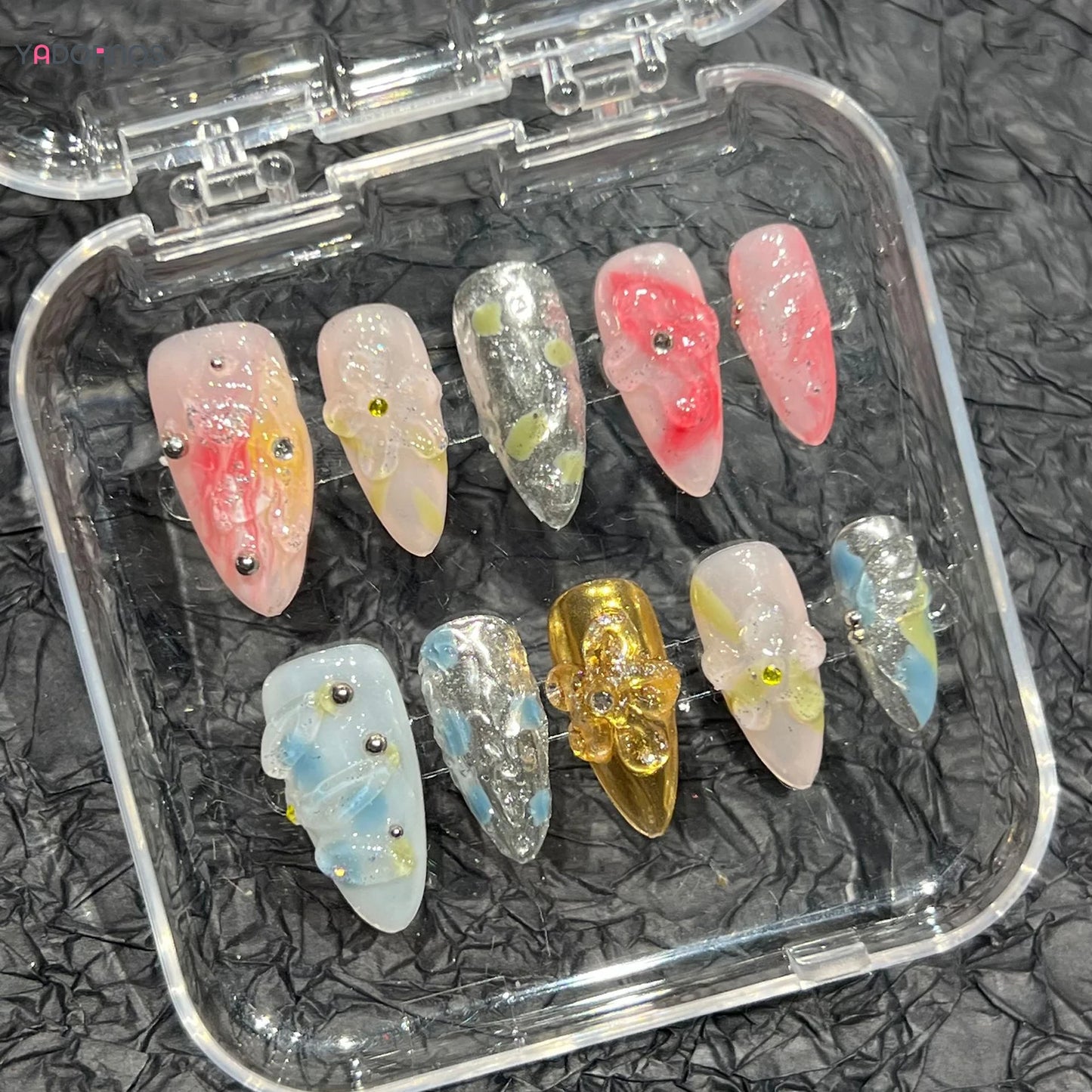 Handmade Press On Nails Light Pink Blue False Nail Tips With 3D Flower Designs Wearable Almond French Style Summer Fake Nails