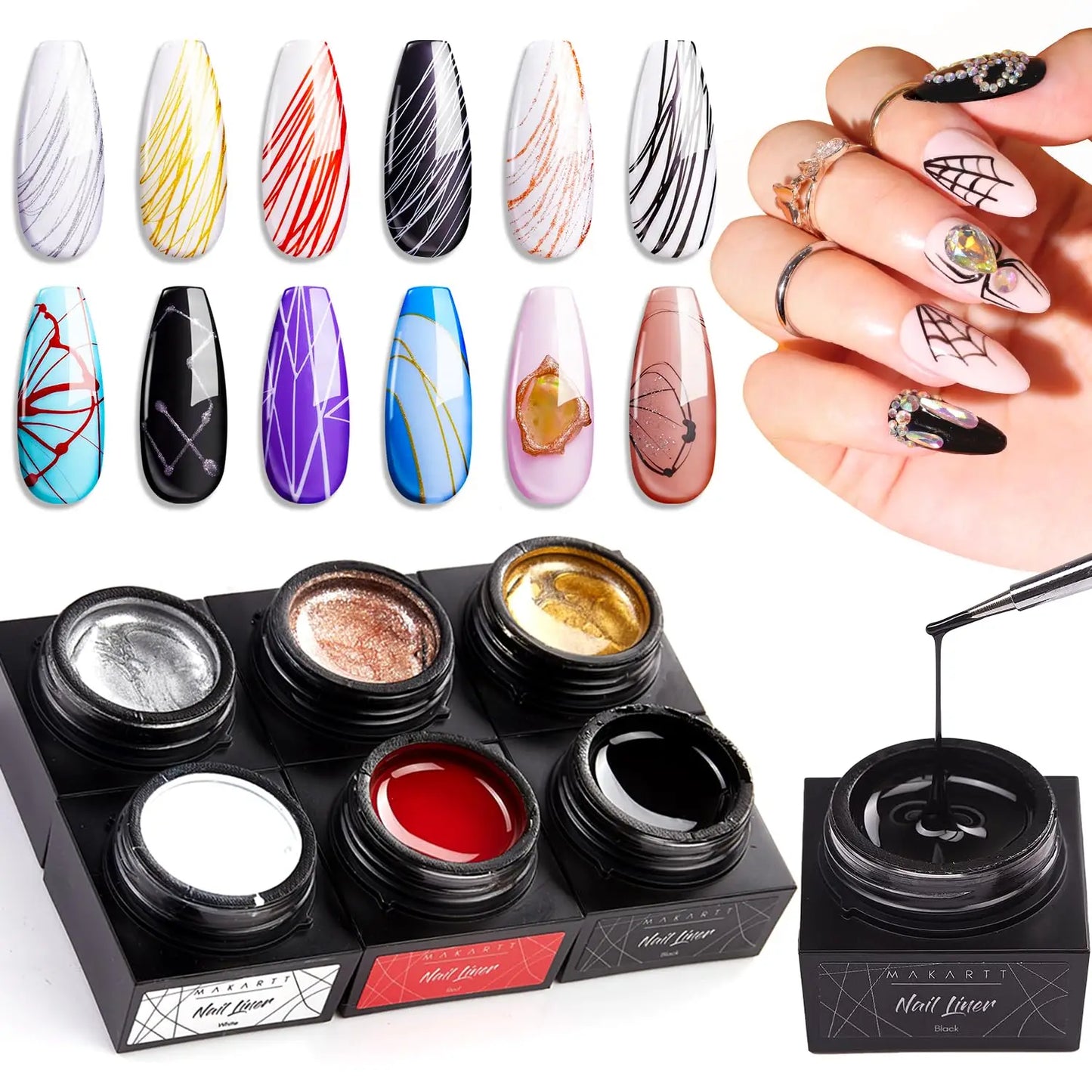 Makartt 6 Colors Spider Gel Polish for Elastic Nail Art Paint Drawing Spider Gel for Line White Black Red Rose Gold Silver