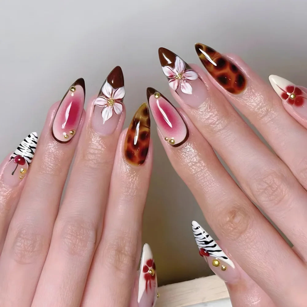 False Nails 3D Design Press on Nails Full Cover Red Heart Pearl Diamond Decoration Dark Style French Almond Wearable Nail Tips