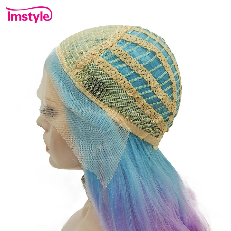 Imstyle Ombre Wig Colorful Synthetic Lace Front Wig Blue Pink Purple Yellow Wigs For Women Natural Wavy High Temperature Fiber