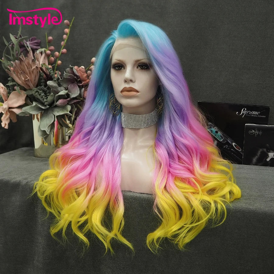 Imstyle Ombre Wig Colorful Synthetic Lace Front Wig Blue Pink Purple Yellow Wigs For Women Natural Wavy High Temperature Fiber