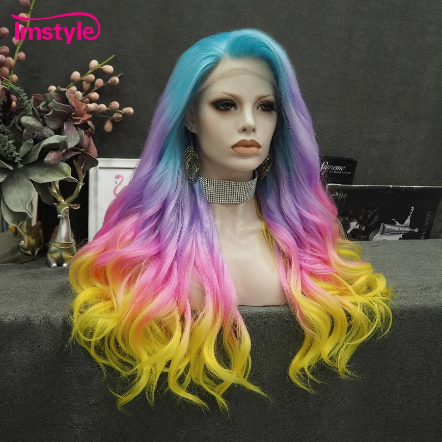 Imstyle Ombre Wig Colorful Synthetic Lace Front Wig Blue Pink Purple Yellow Wigs For Women Natural Wavy High Temperature Fiber