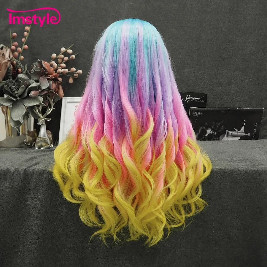 Imstyle Ombre Wig Colorful Synthetic Lace Front Wig Blue Pink Purple Yellow Wigs For Women Natural Wavy High Temperature Fiber