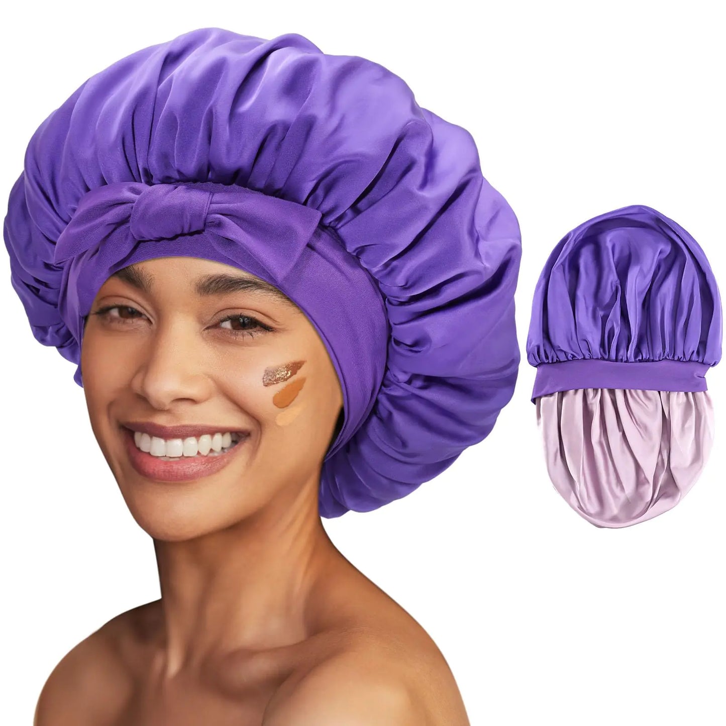 Lolalet Silk Bonnet for Sleeping Women Double Layer Satin Hair Bonnet Cap with Tie Band Reversible Bonnets for Dreadlocks Afro Braids Curly -Purple