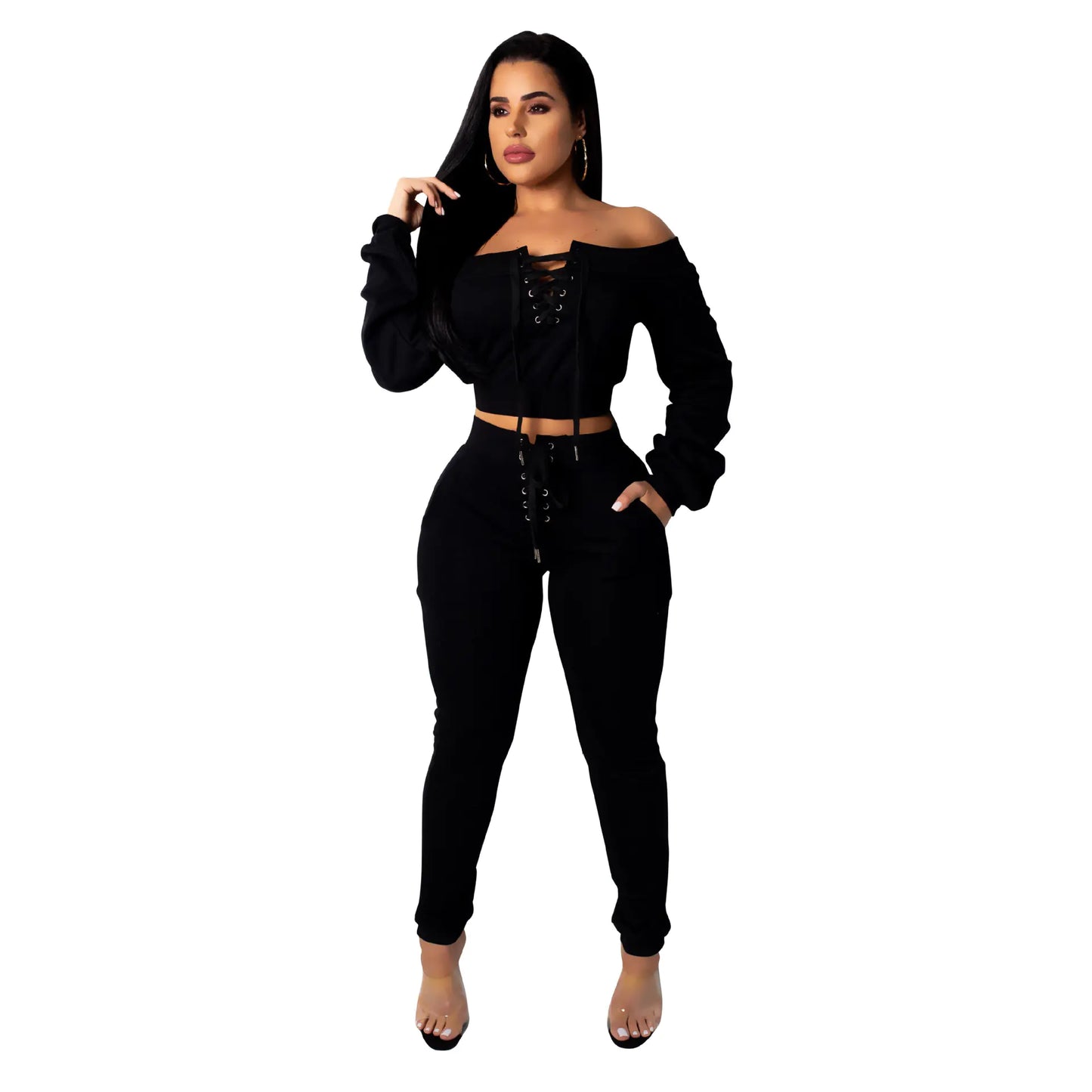 Fashionable Casual Thick Sweatshirt Set with Off-Shoulder