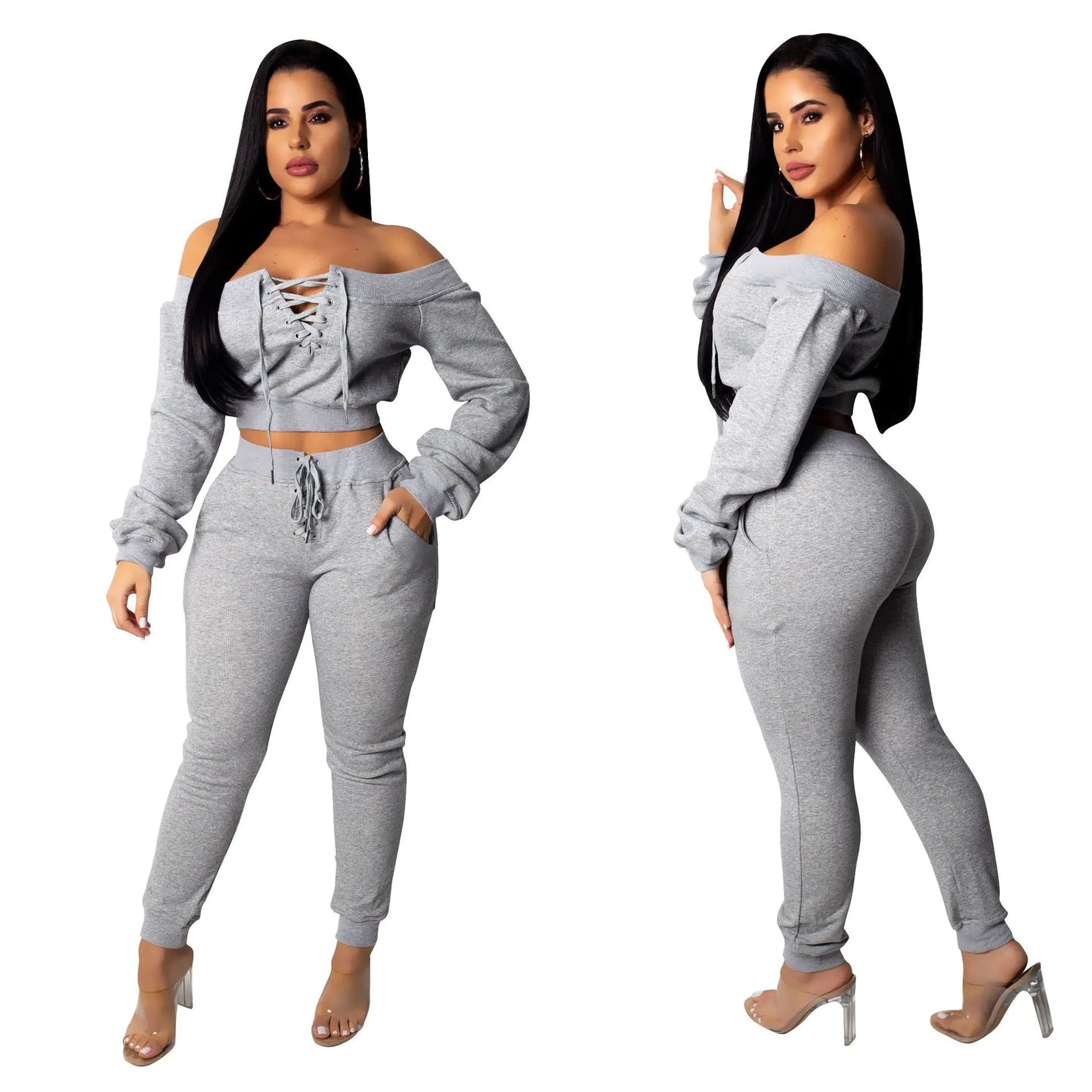 Fashionable Casual Thick Sweatshirt Set with Off-Shoulder