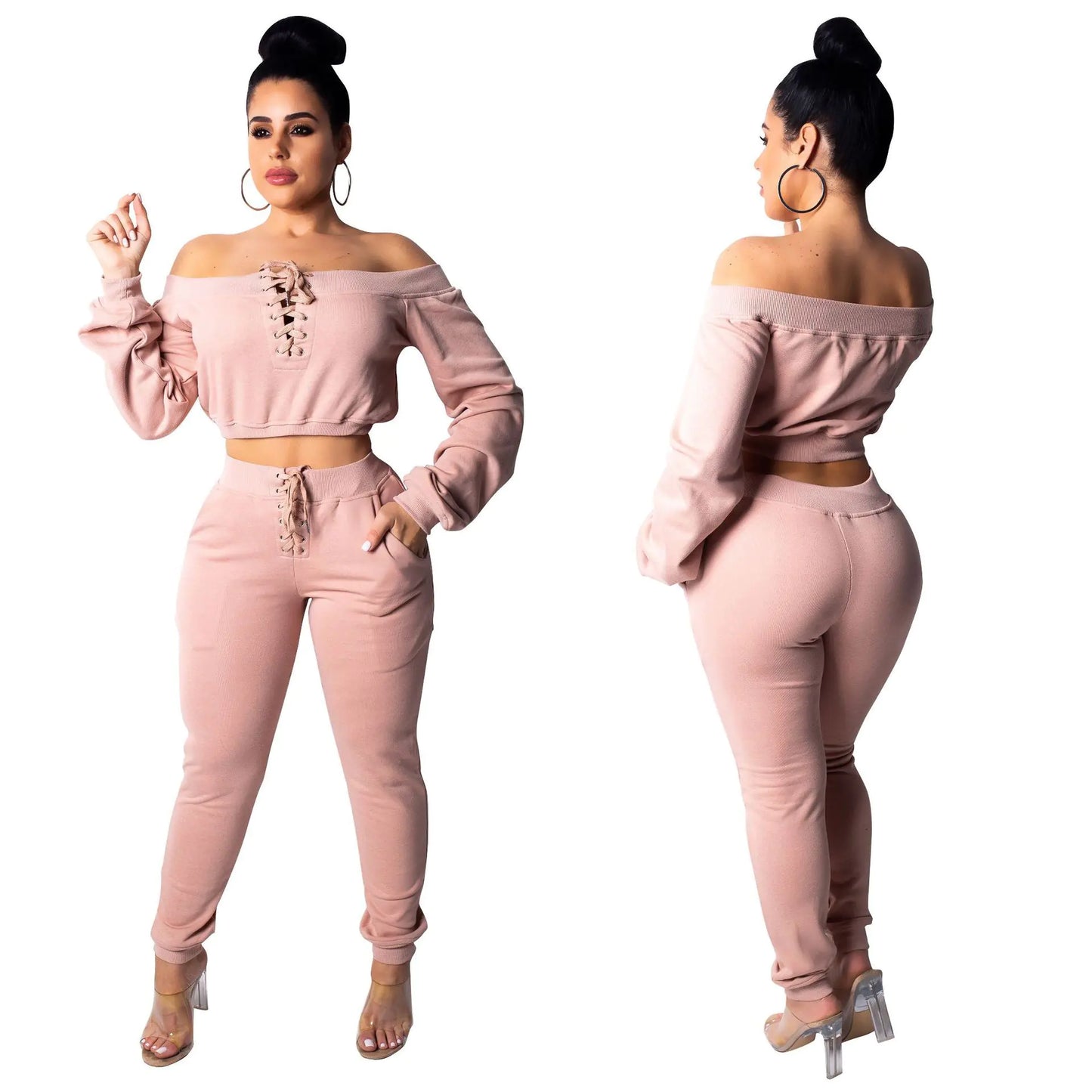 Fashionable Casual Thick Sweatshirt Set with Off-Shoulder