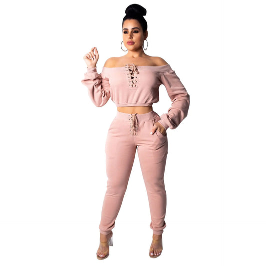 Fashionable Casual Thick Sweatshirt Set with Off-Shoulder