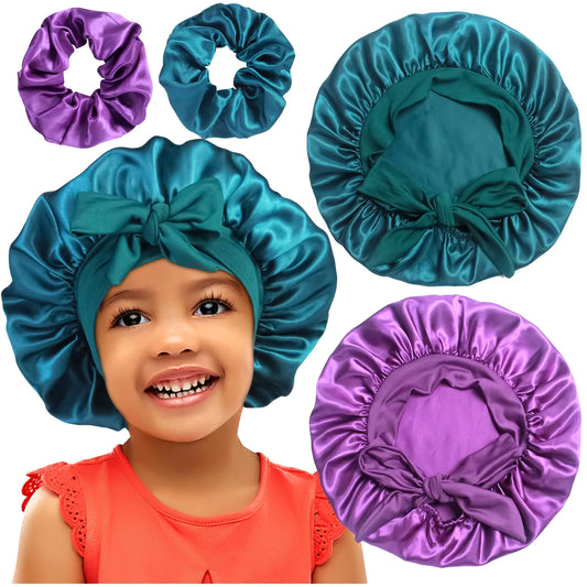 2+2 Satin Bonnets with Scrunchies for Kids Cute Hair Bonnets for Girls Sleeping Curly Hair B