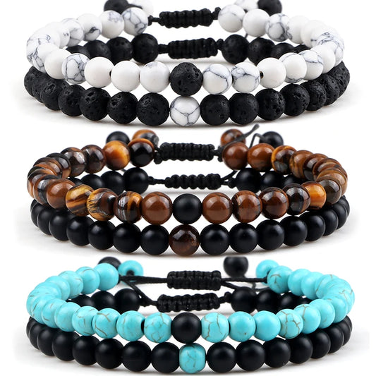 Adjustable 2pcs/set Beads Bracelets for Couple Classic 6mm Natural Black White Stone Braided Distance Bracelet Men Women Jewelry