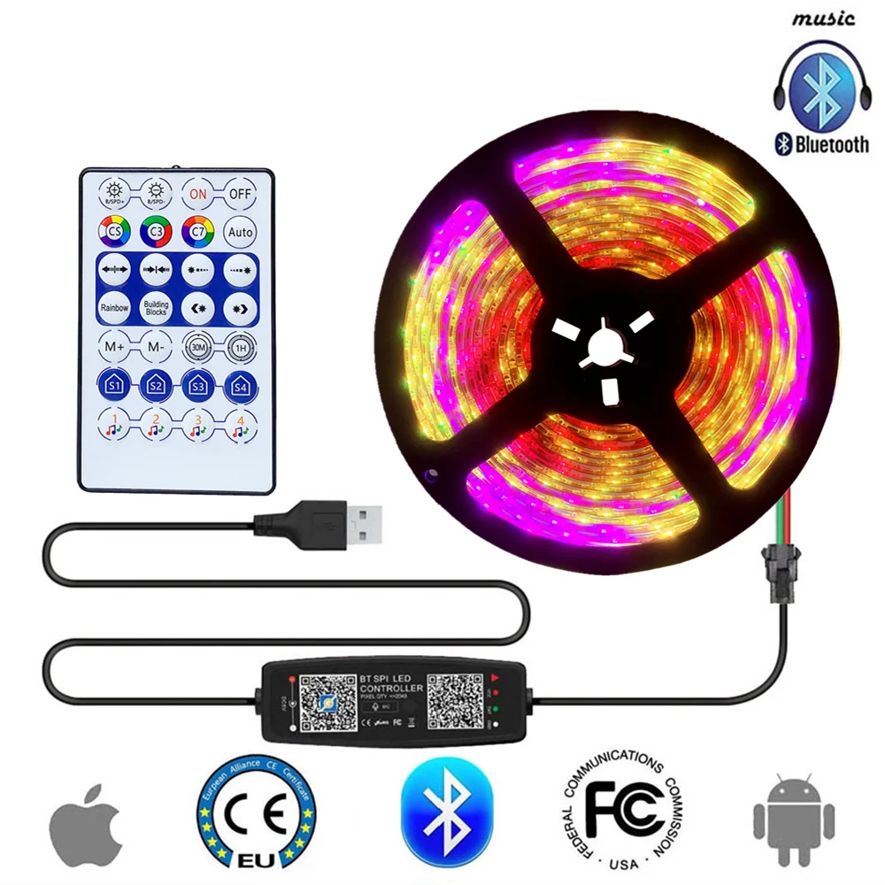 LED Strip Light WS2812B 1M-5M RGB 5050 String Flexible Lamp Tape DC 5V USB Bluetooth Control TV Backlight Home Party Decoration