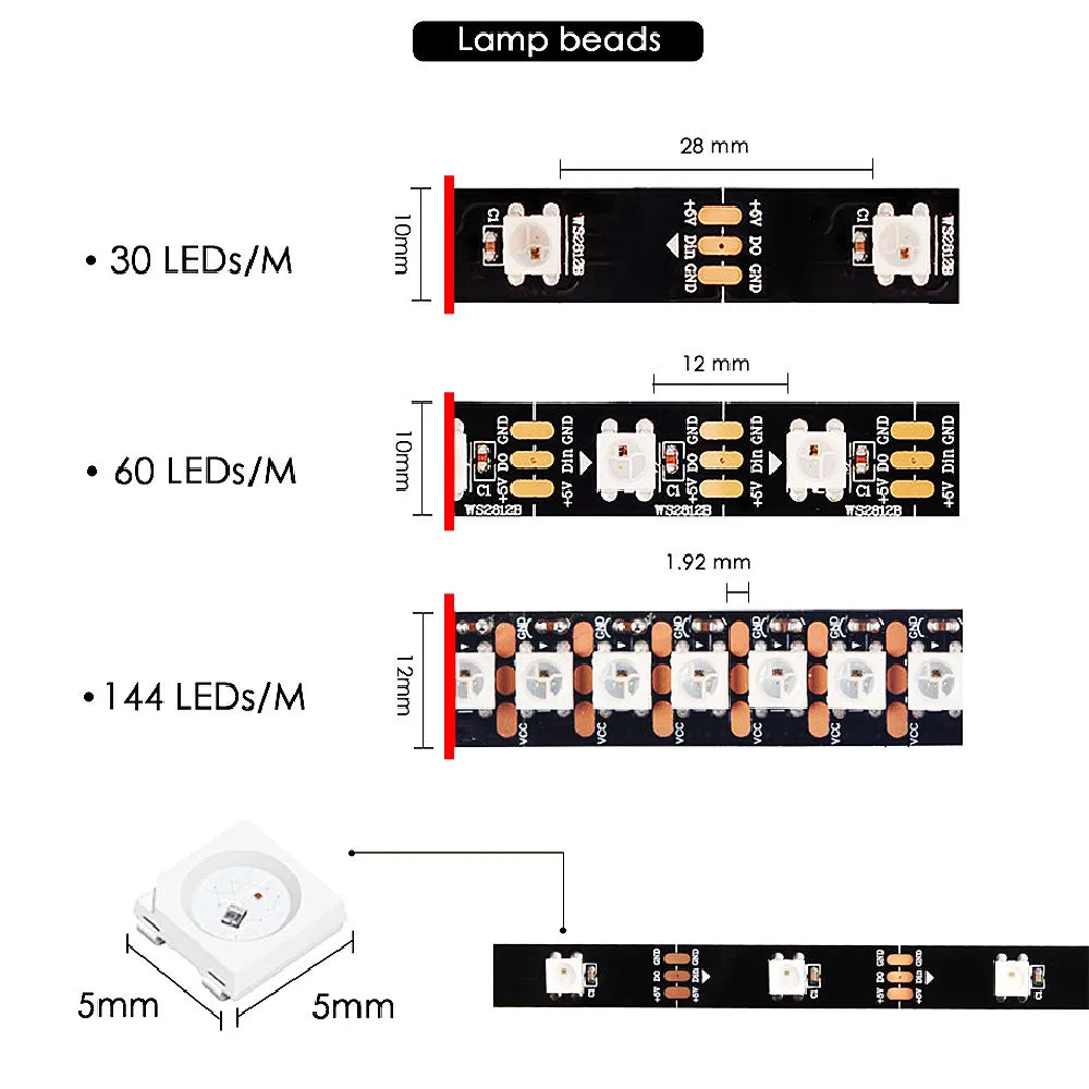 LED Strip Light WS2812B 1M-5M RGB 5050 String Flexible Lamp Tape DC 5V USB Bluetooth Control TV Backlight Home Party Decoration