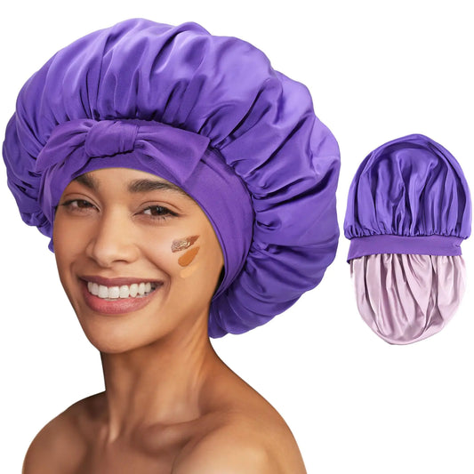Lolalet Silk Bonnet for Sleeping Women Double Layer Satin Hair Bonnet Cap with Tie Band Reversible Bonnets for Dreadlocks Afro Braids Curly -Purple