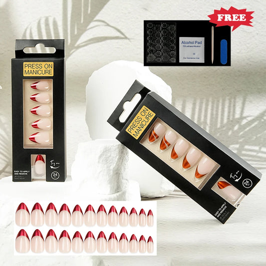 Press on Nails Almond French Design False Nails Simple Design Acrylic Nail Tips Reusable Fake Nails Decorated Nail Art
