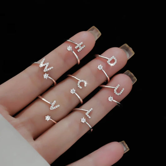 925 Sterling Silver Initial Rings for Women Girls, Adjustable Initial Rings Cubic Zirconia Stackable Alphabet Letter Rings Gift