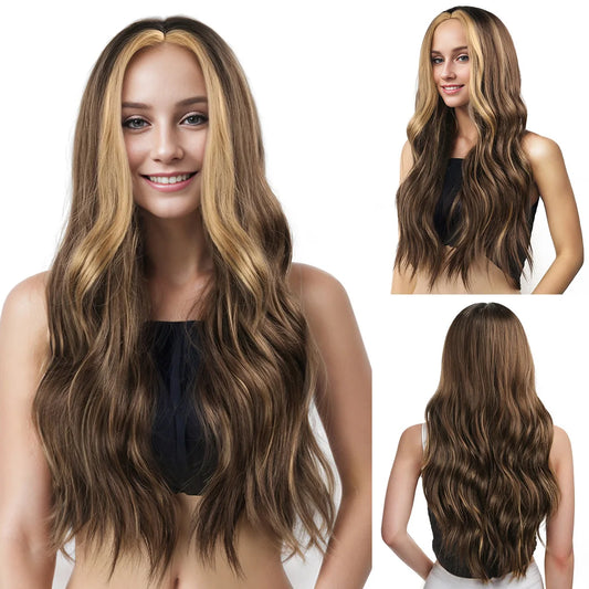 New European and American wig for women with middle parting, large curly long hair, pickling gradient color, Donlong high temper