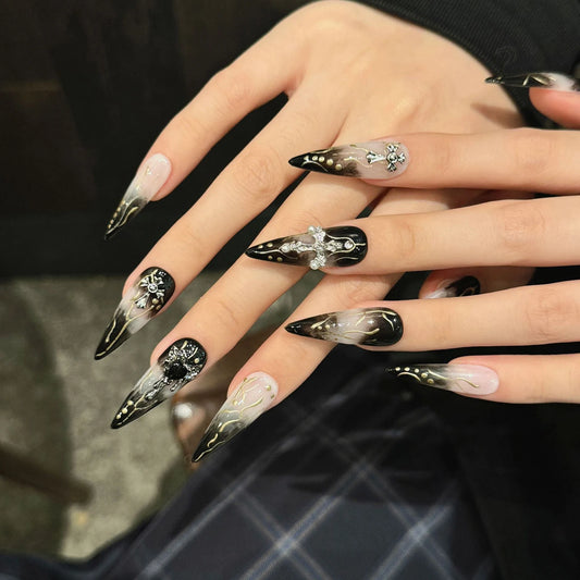 Long Almonds French False Nails Design with Cross Charm Elegant Black Nail Tips for DIY At-Home Manicure