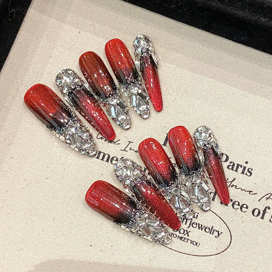 Handmade Long Almond False Nails Red Glitter Designs Wearable Cat's Eye Full Diamond French Nail Tips Heavy Industry Nail Art
