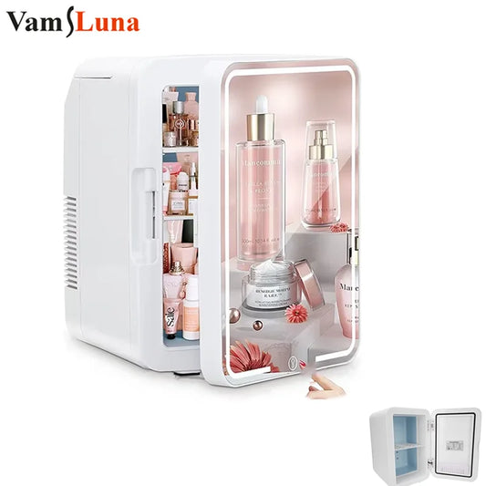 Mini Fridge Vanity Mirror - 2-in-1 Makeup Mirror with Built-In Cosmetic Cooler, LED Lights & Portable Design for Bedroom, Car