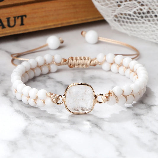 4mm Beads Natural Stone Bracelets&Bangles White Porcelain Braided Elastic Rope Handmade Adjustable For Woman Man Couple Jewelry