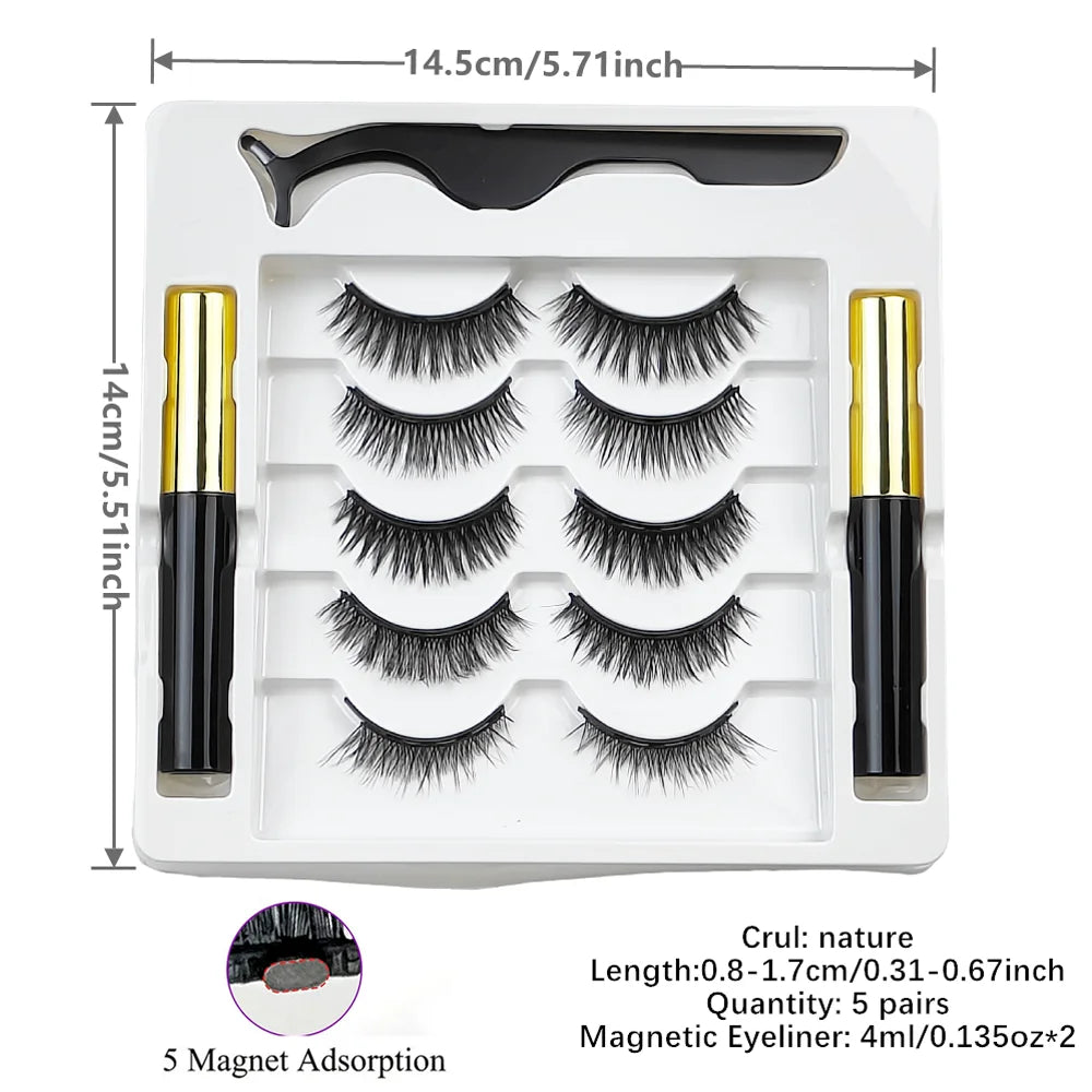 Magnetic Eyelashes With Eyeliner Kit, 5 Pairs Natural Looking Magnetic Lashes, Easy To Wear False Eyelash Set, No Glue Needed