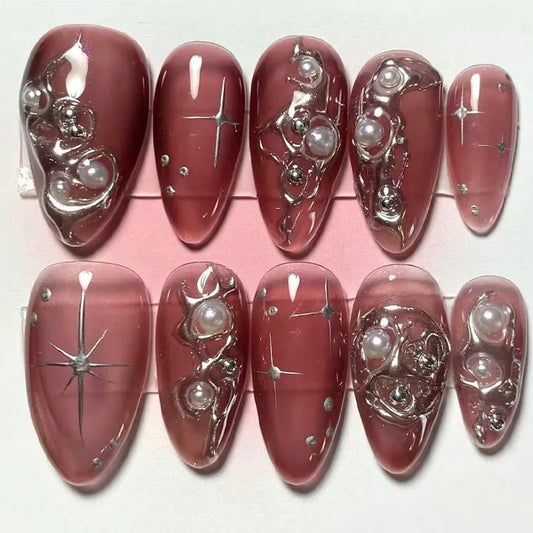 False Nails 3D Design Press on Nails Full Cover Red Heart Pearl Diamond Decoration Dark Style French Almond Wearable Nail Tips