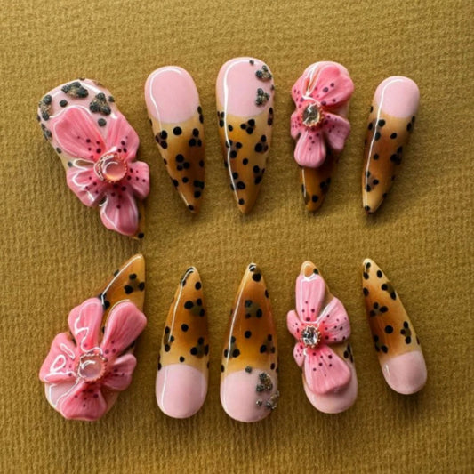 Press on Nails Medium Almond Pattern ABS Nails INS Y2K 3D Pink Flowers Style Design Nail 10Pcs Manicure Handmade Art with Set