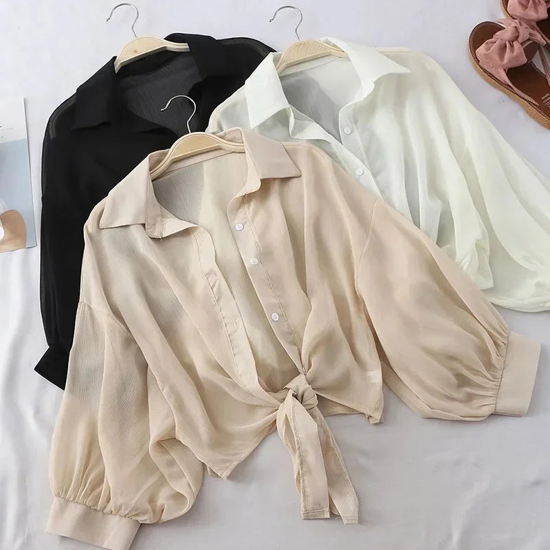Casual Loose Hollow White Clothes Elegant Solid Color Women Tied Waist Blouse Bat Half Sleeve Button Chiffon Female Shirt