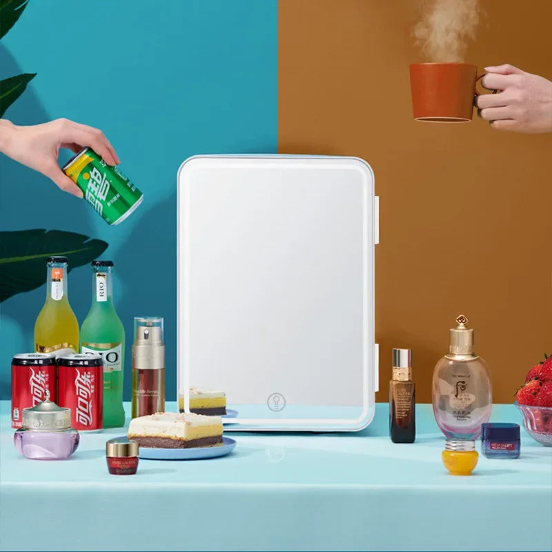 Mini Fridge Vanity Mirror - 2-in-1 Makeup Mirror with Built-In Cosmetic Cooler, LED Lights & Portable Design for Bedroom, Car