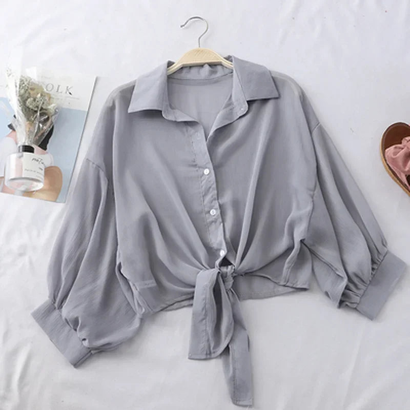 Casual Loose Hollow White Clothes Elegant Solid Color Women Tied Waist Blouse Bat Half Sleeve Button Chiffon Female Shirt