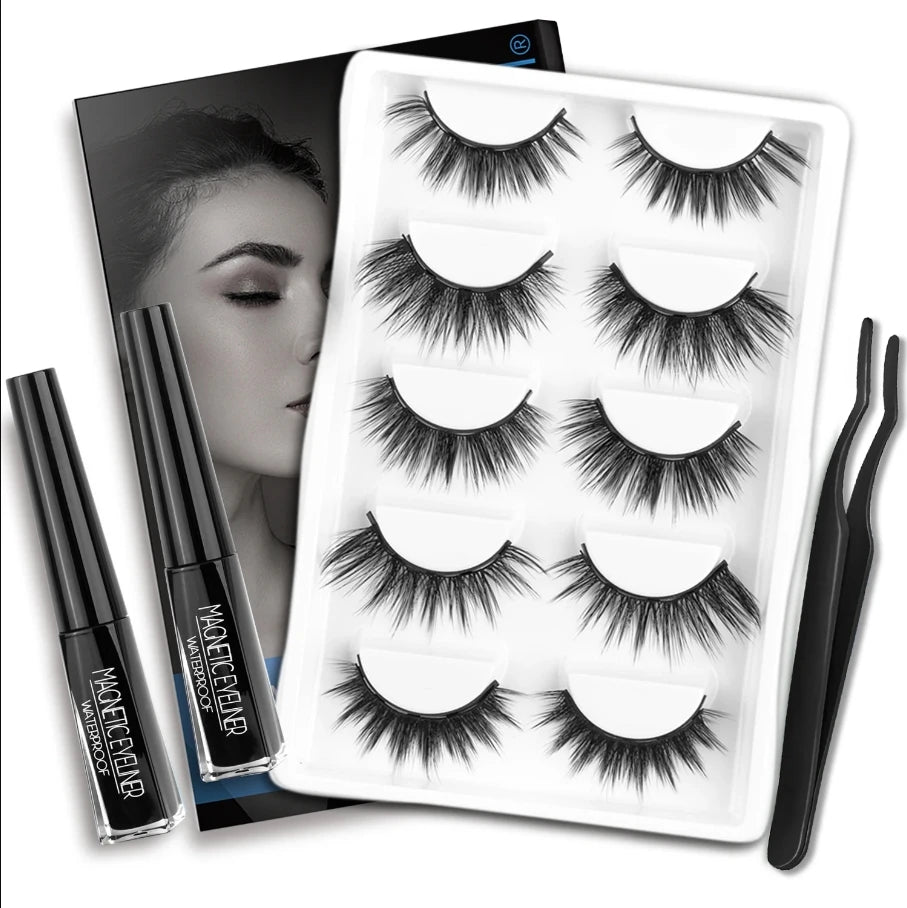 3D Magnetic Eyelashes with Eyeliner Kit 5 Pairs Reusable False Eyelashes Natural Look Magnetic Lashes