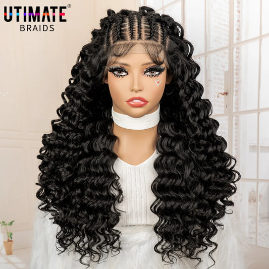 13x6 Lace Front Wigs Black Synthetic Hair Wig with Braids for Women 24 Inches Long Curly Wavy Wig Heat Resistant Wig for Daily