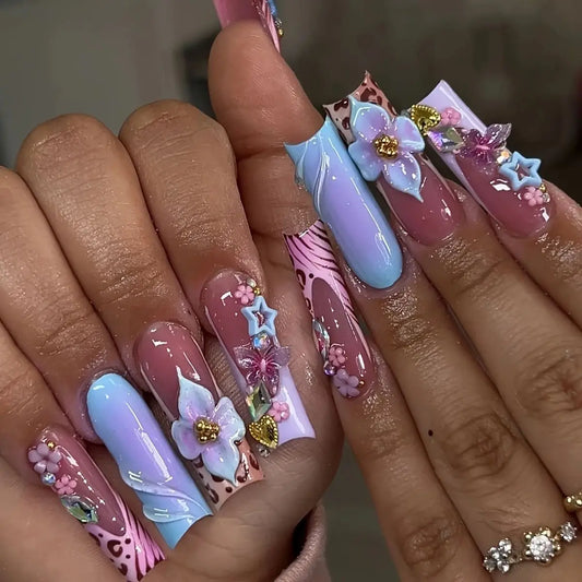 24pcs Long Square Press on Nails Cute Flower Design Fake Nail Butterfly Diamond Blue False Nails Leopard Print French Manicure