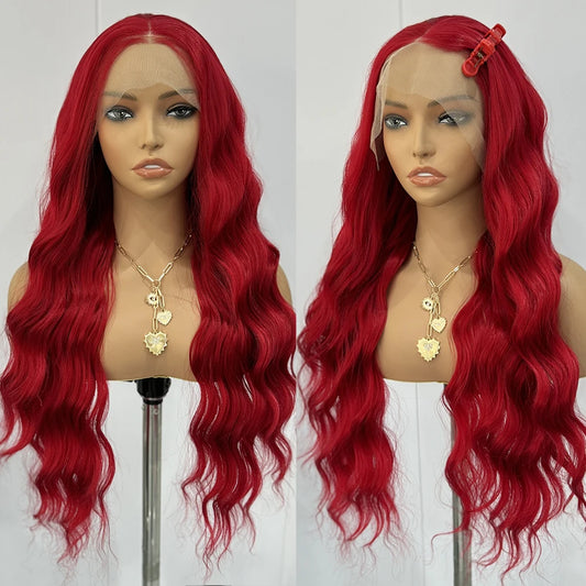 Red Wig Long Curly Wig Synthetic Lace Front Wigs for Women Natural Wave Wig Colored Hair Natural Hairline Heat Resistant Cosplay