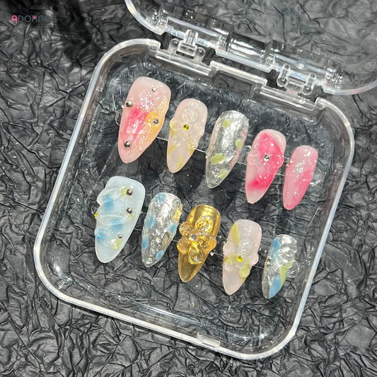Handmade Press On Nails Light Pink Blue False Nail Tips With 3D Flower Designs Wearable Almond French Style Summer Fake Nails