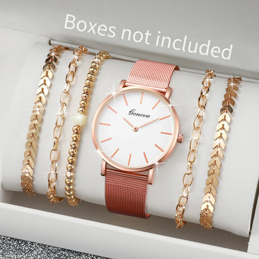 Women's Quartz Watch with Simple Scale Dial, Mesh Band, Bracelets Set, Female Fashion, Without Case, 6 Pieces Per Set