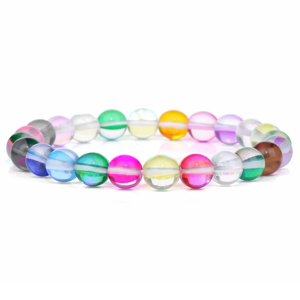 Moonstone Stone Beads Bracelet Natural Stone Crystals Bracelet Colorful Beaded Healing Trendy Jewelry Men Women Elastic Bangles