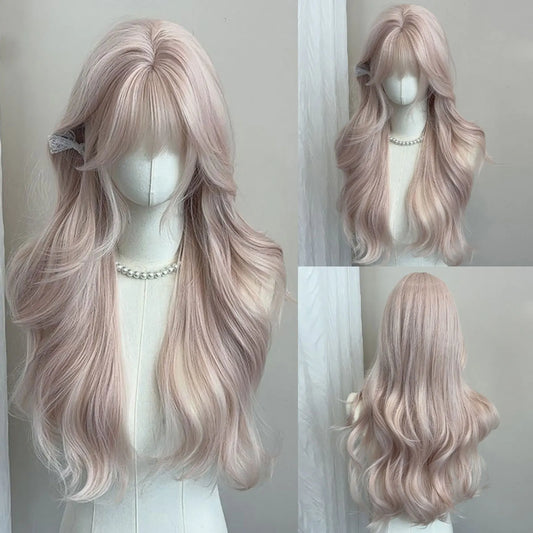 Women's Grey Pink Long Curly Synthetic Wig With Bangs Natural Long-Smooth Heat Resistant Wavy Wig For Cosplay Daily Wear