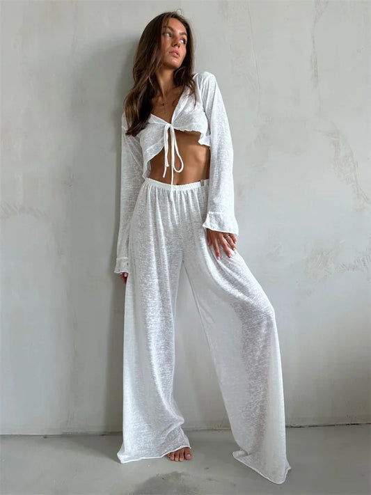 Casual Fashion 2 Piece-Set Trousers For Women V-Neck Lace-Up Long Sleeve Top And High Waist Women's Pants Outfits Female