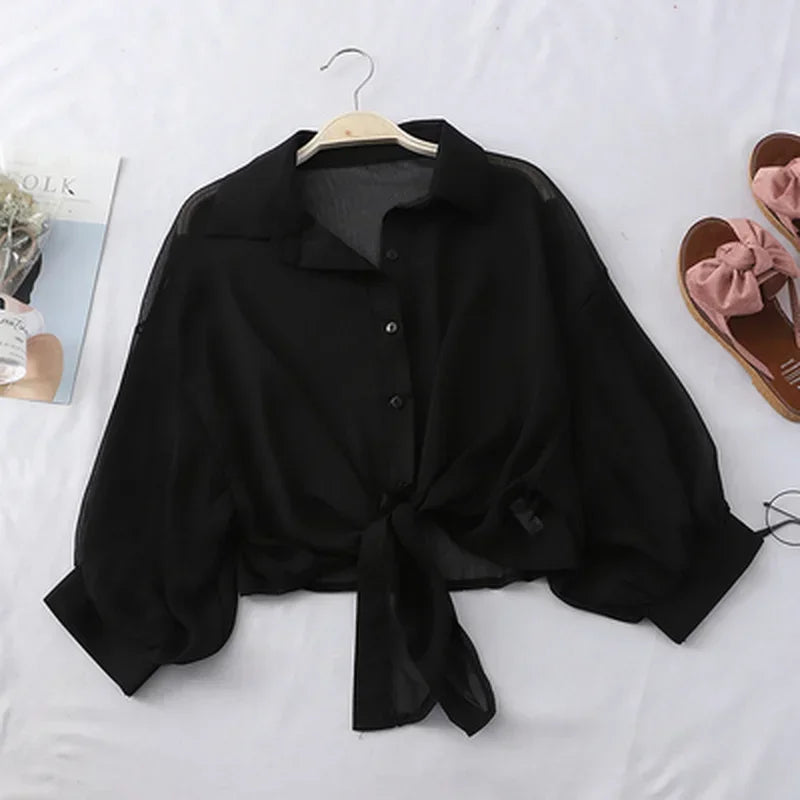 Casual Loose Hollow White Clothes Elegant Solid Color Women Tied Waist Blouse Bat Half Sleeve Button Chiffon Female Shirt