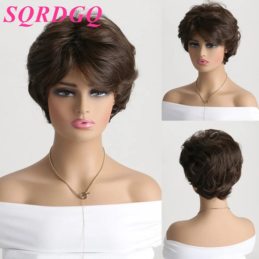 Natural Wavy Synthetic Hair Wigs For Women Pixie Cut Short Wig with Bangs Brown Blonde Wig Female Heat Resistant Wig Woman