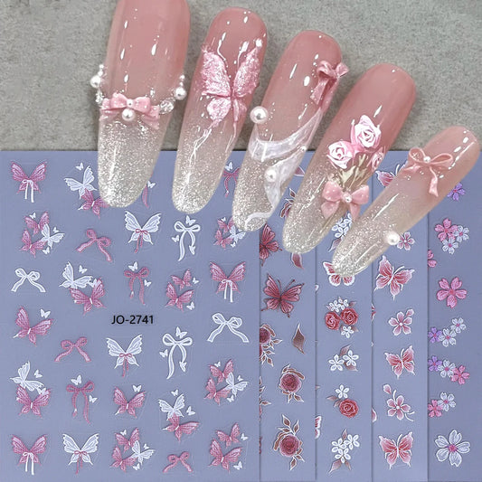 5pcs/set Butterfly Nail Stickers 3D Self-Adhesive Bow Rose Flower Sakura Nail Art Decoration Part Decals for Women Manicure DIY