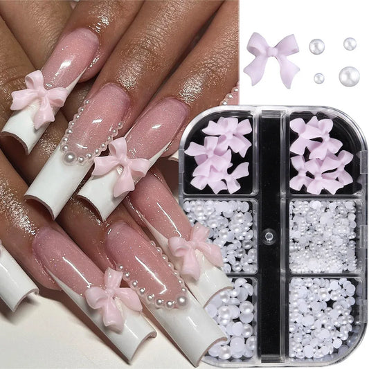1 Box Kawaii Mini Bow 3D Cute Nail Art Decorations White Pearls Nails Charms Designs DIY Pink Bowknot Resin Nail Accessories