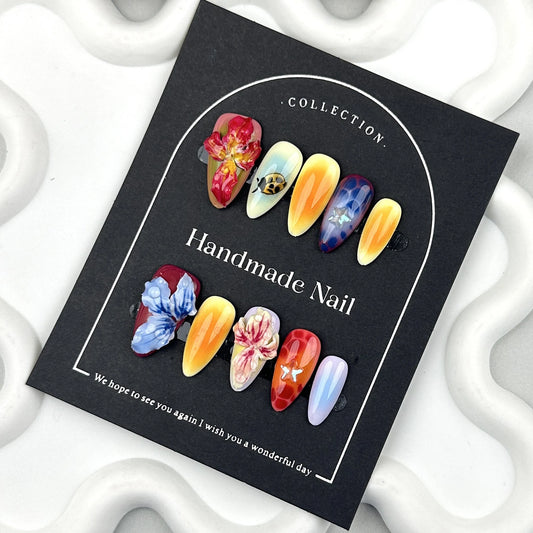 Handmade Press On Nails Full Cover Carved Petals Design False Nails Wearable Ins Fashion Colorful Almond Fake Nail Tips