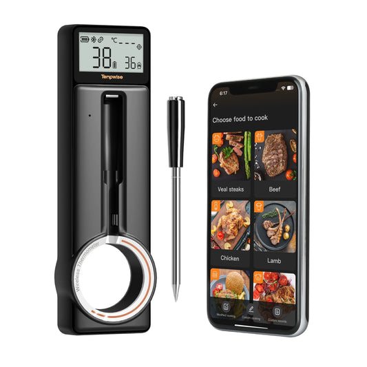 Meat thermometer wireless Bluetooth IP67 ultra thin probe with LCD display temperature alarms for cooking grilling roasting