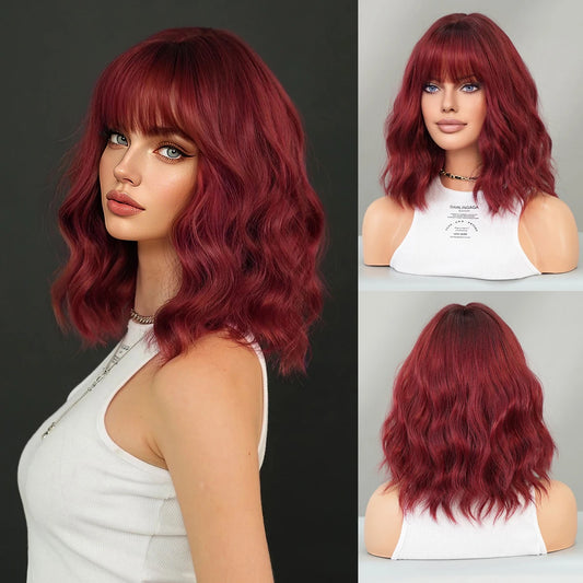 Shoulder Length Body Wavy Wine Red Wig for Women Daily High Density Synthetic Modest Fashion Wigs with Neat Bangs Heat Resistant