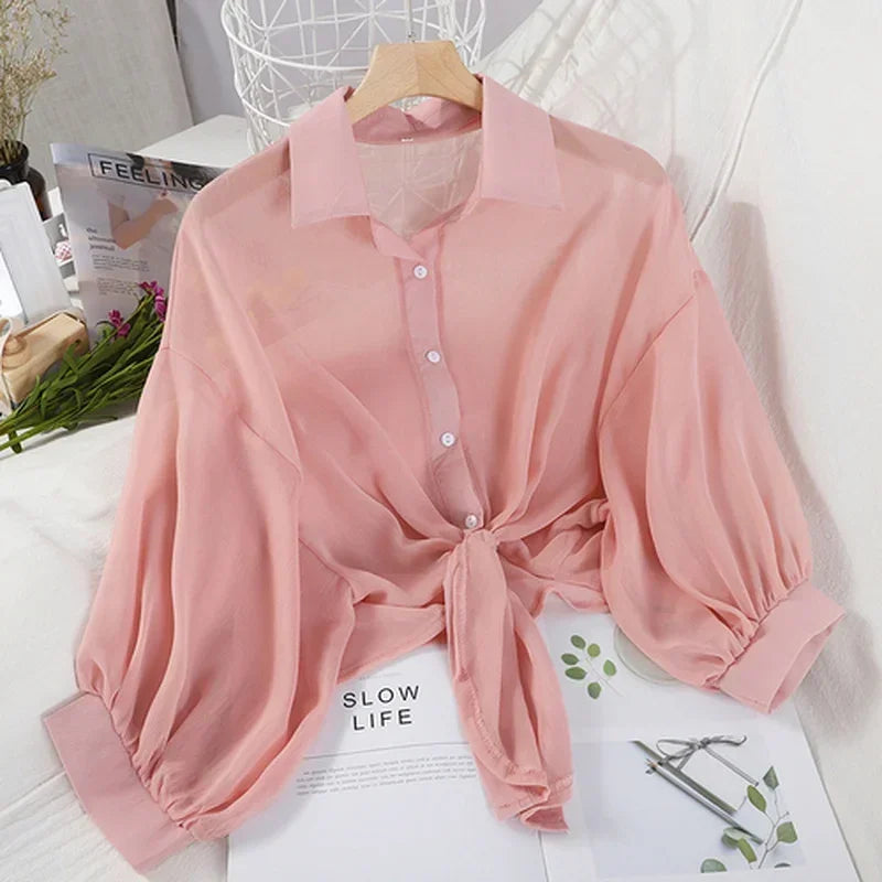 Casual Loose Hollow White Clothes Elegant Solid Color Women Tied Waist Blouse Bat Half Sleeve Button Chiffon Female Shirt